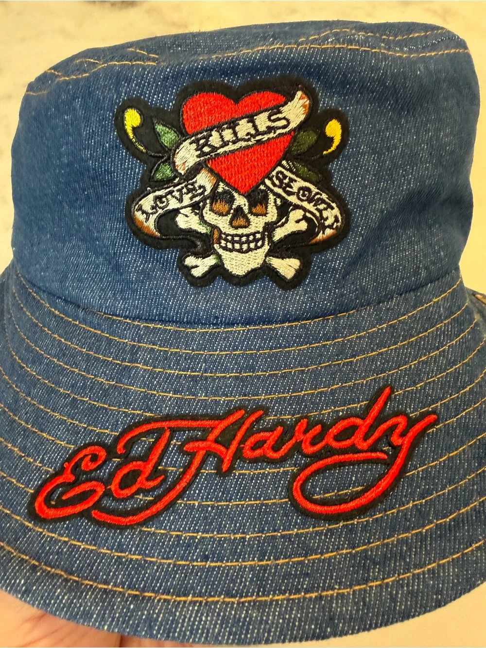 Ed Hardy Blue Denim Love Kills Slowly Bucket Hat one size New